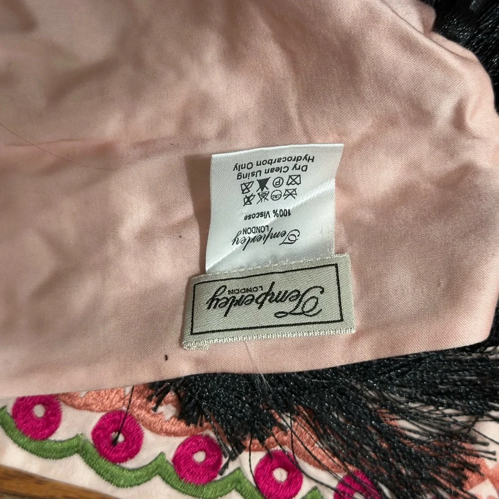 Temperley London Embroidered Floral Tassel Scarf Wrap Pink Black 75